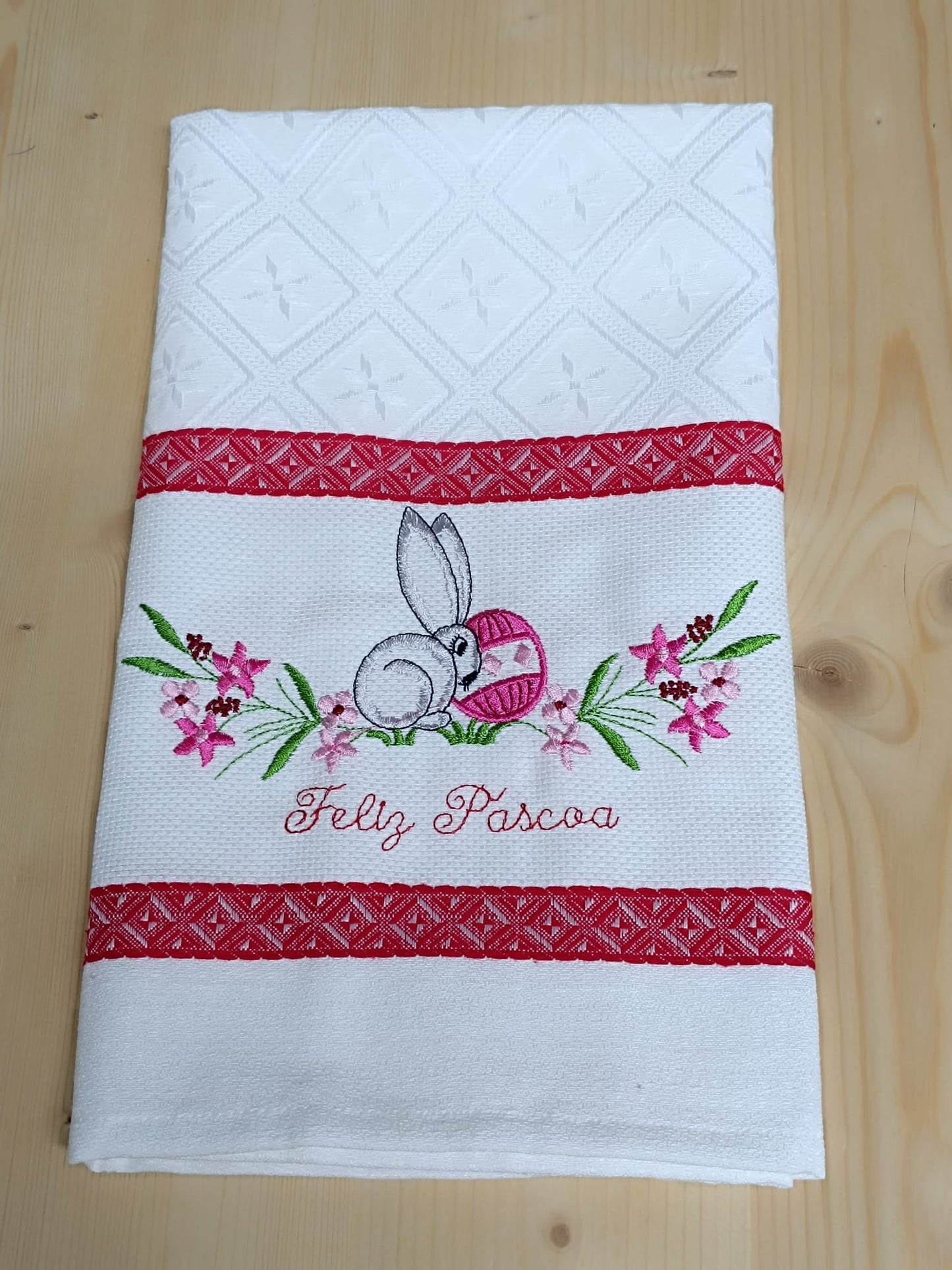 Panos de Cozinha Bordados Sarja Páscoa- Coelho Feliz Páscoa