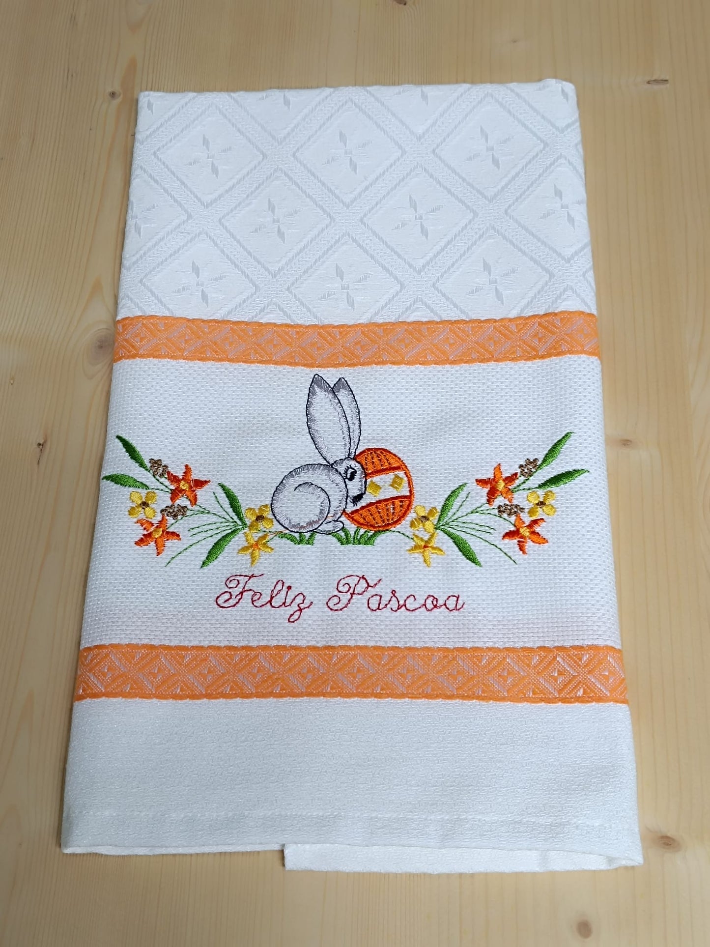 Panos de Cozinha Bordados Sarja Páscoa- Coelho Feliz Páscoa