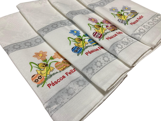 Panos de Cozinha Bordados Sarja- Pintainho com Ovos