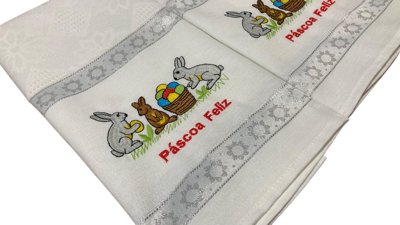 Panos de Cozinha Bordados Sarja- Coelhinhos com Cesta de Ovos