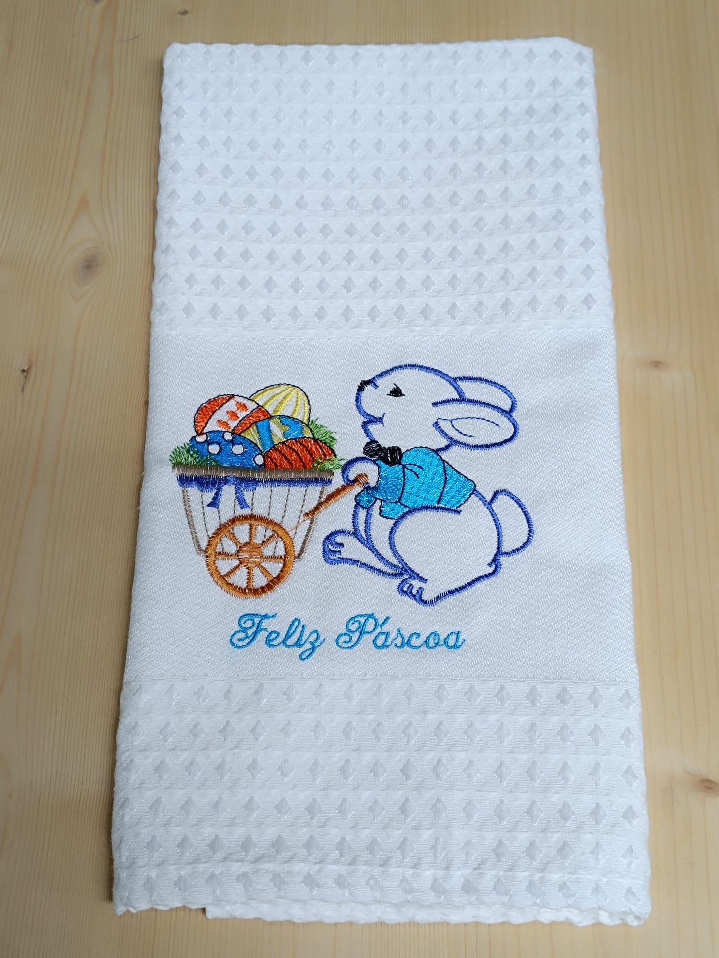 Panos de Cozinha Bordados Sarja Páscoa- Coelho com Carrinho
