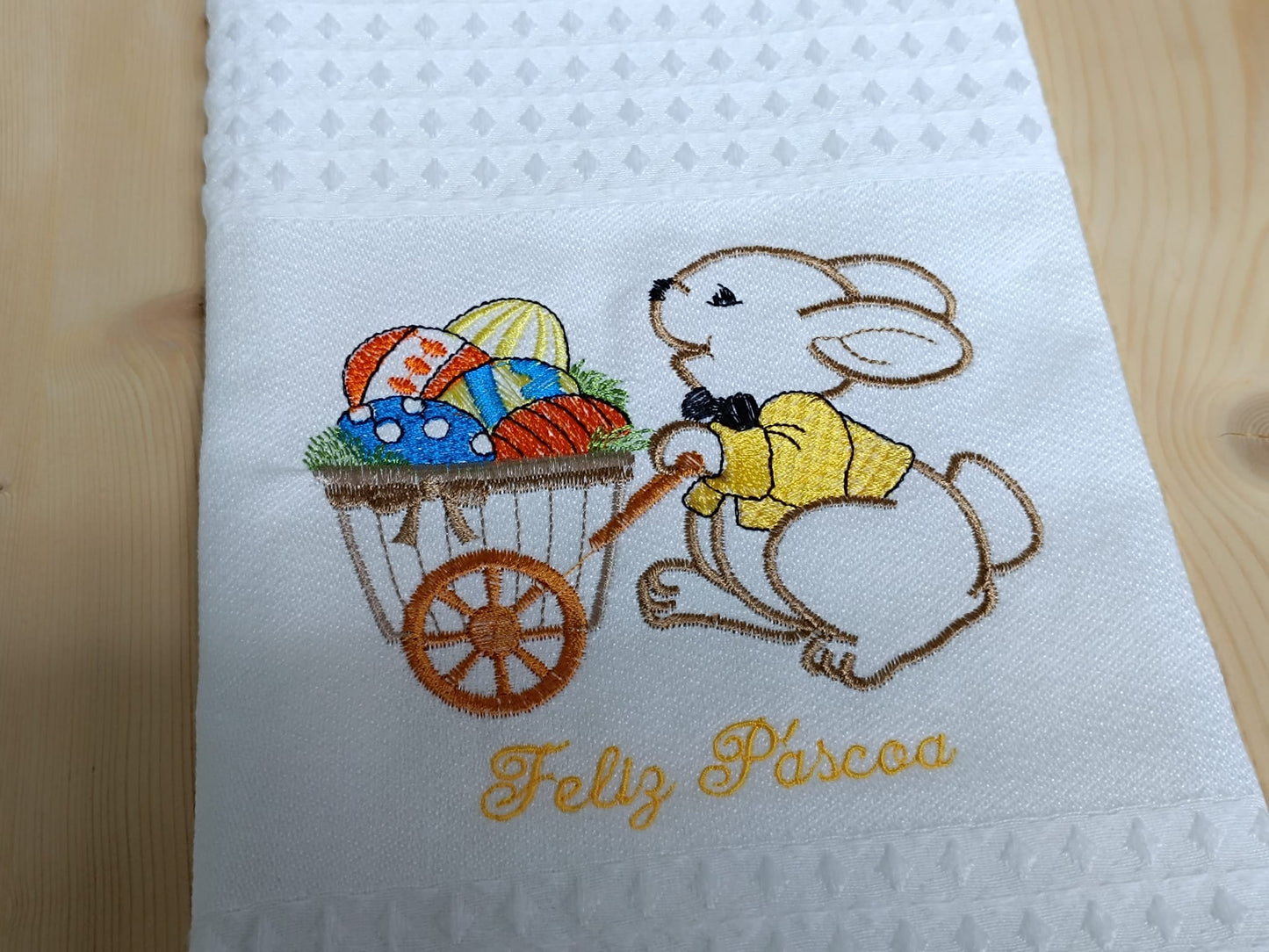 Panos de Cozinha Bordados Sarja Páscoa- Coelho com Carrinho
