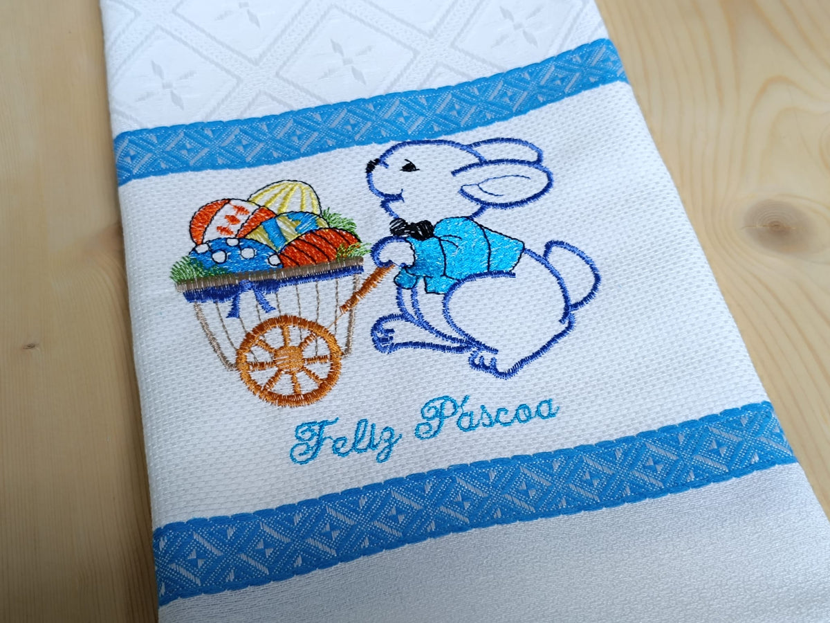 Easter Embroidered Twill Kitchen Towels - Bunny with Cart and Eggs