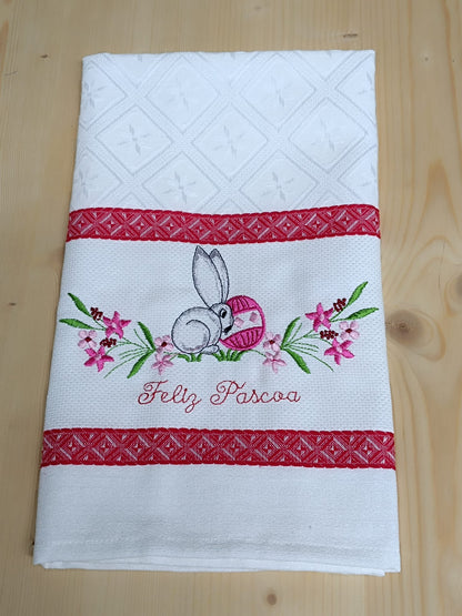 Panos de Cozinha Bordados Sarja Páscoa- Coelho Feliz Páscoa