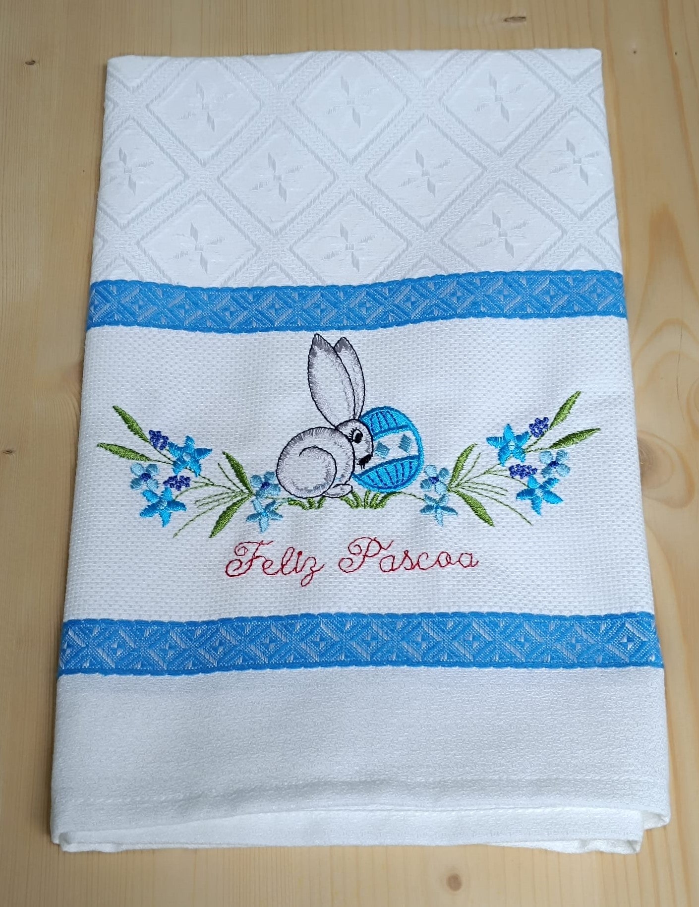 Panos de Cozinha Bordados Sarja Páscoa- Coelho Feliz Páscoa