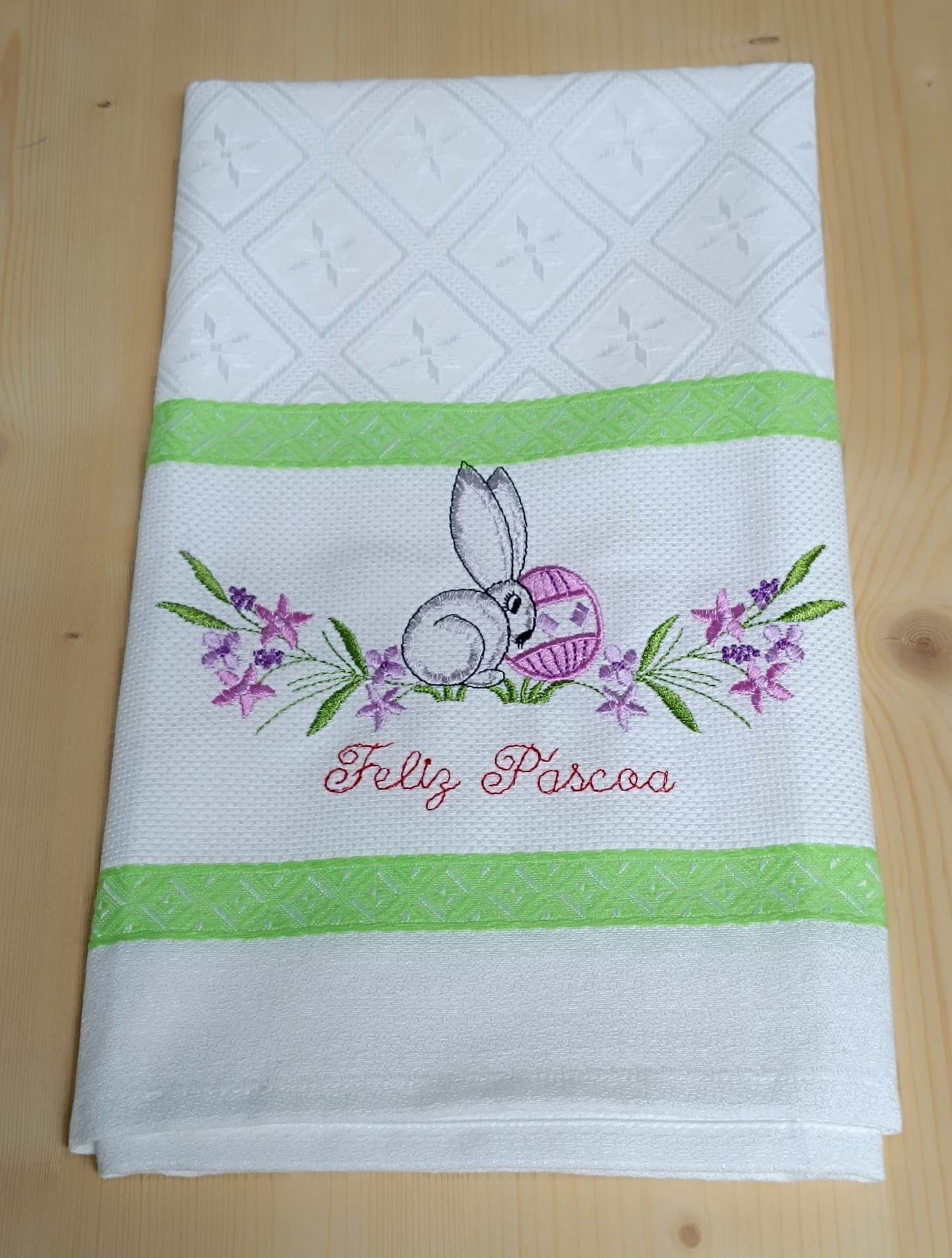 Panos de Cozinha Bordados Sarja Páscoa- Coelho Feliz Páscoa