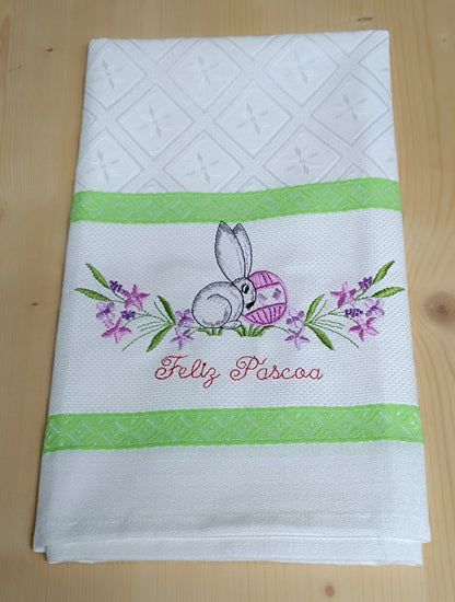 Panos de Cozinha Bordados Sarja Páscoa- Coelho Feliz Páscoa