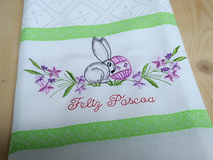 Panos de Cozinha Bordados Sarja Páscoa- Coelho Feliz Páscoa