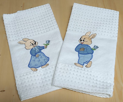 Panos de Cozinha Bordados Sarja Páscoa- Coelho | Coelha