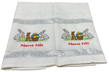 Panos de Cozinha Bordados Sarja- Coelhinhos com Cesta de Ovos