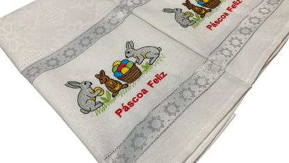 Panos de Cozinha Bordados Sarja- Coelhinhos com Cesta de Ovos