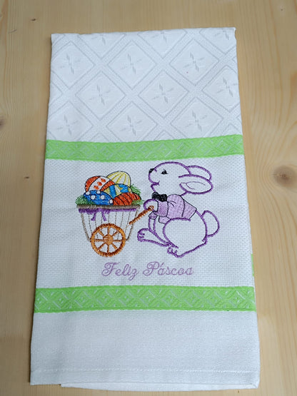 Panos de Cozinha Bordados Sarja Páscoa- Coelho com Carrinho com Ovos