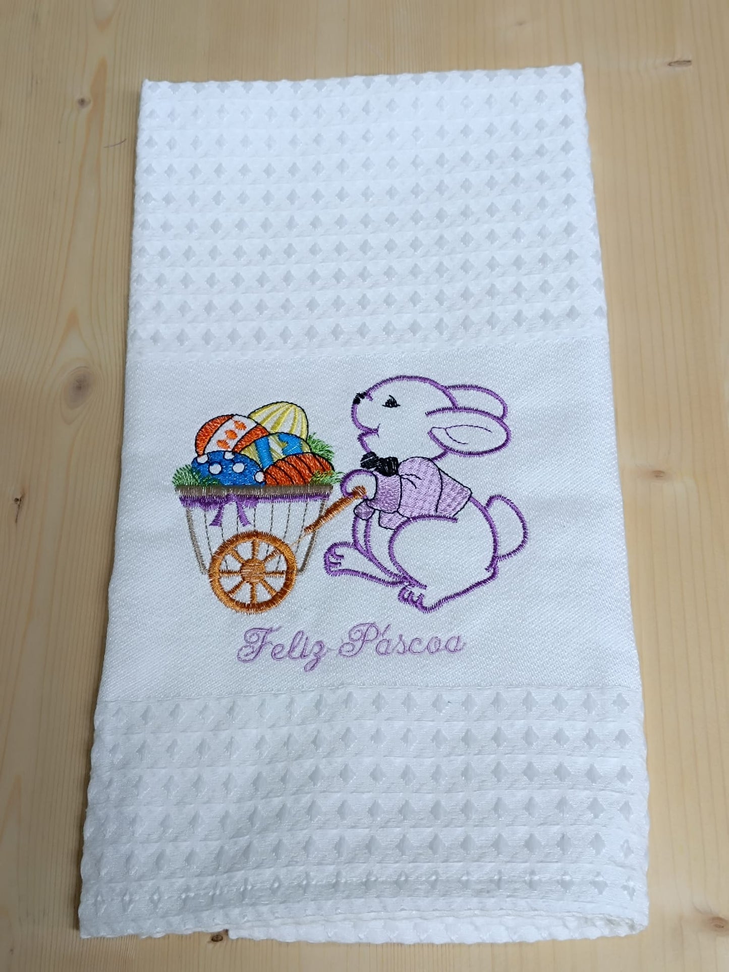 Panos de Cozinha Bordados Sarja Páscoa- Coelho com Carrinho