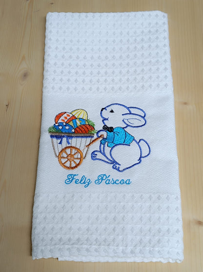 Panos de Cozinha Bordados Sarja Páscoa- Coelho com Carrinho
