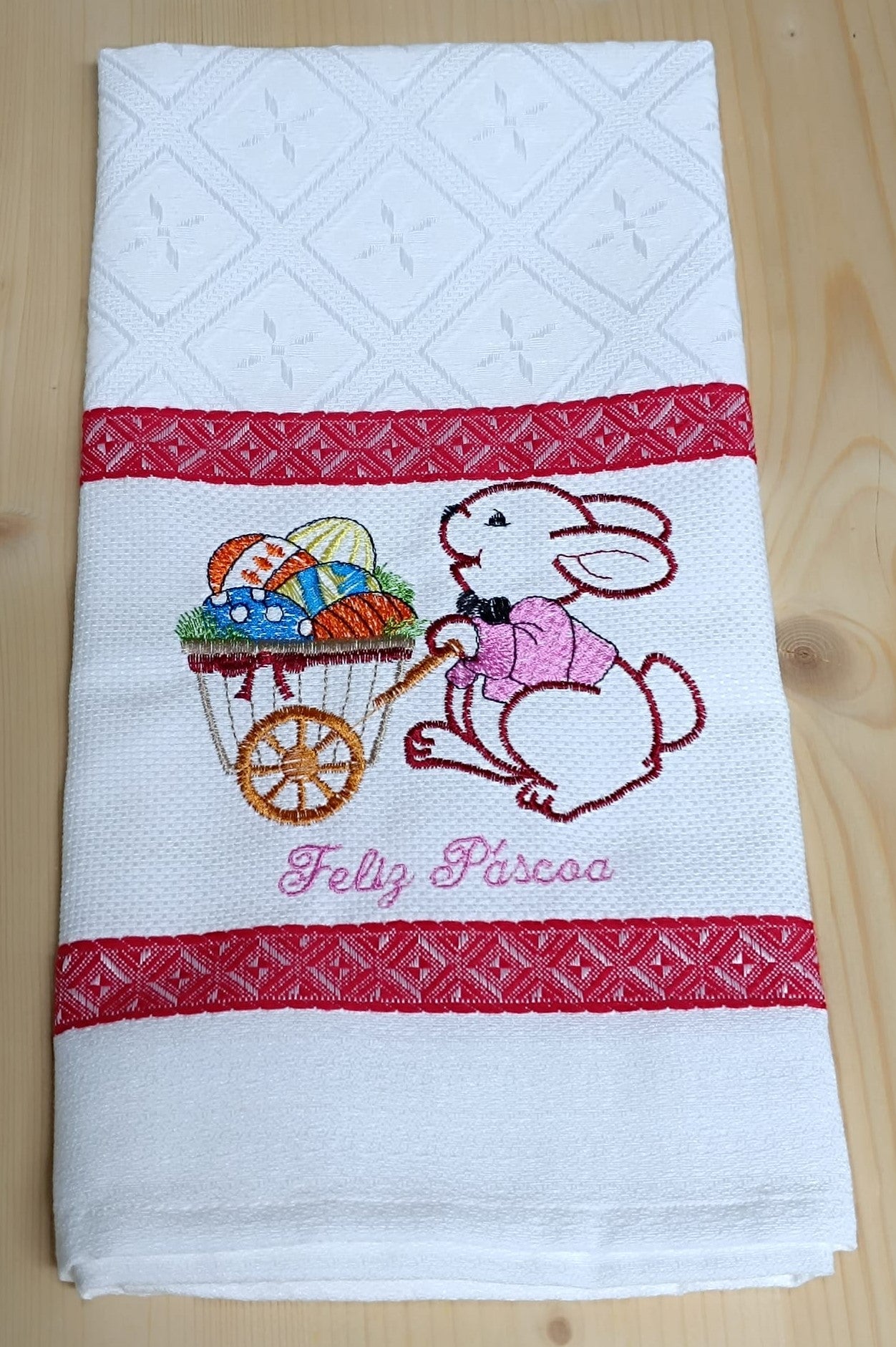 Panos de Cozinha Bordados Sarja Páscoa- Coelho com Carrinho com Ovos