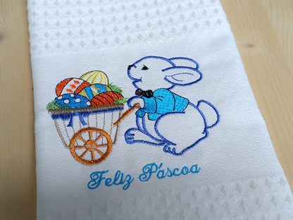 Panos de Cozinha Bordados Sarja Páscoa- Coelho com Carrinho