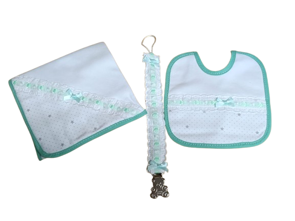 Conjunto- Fralda, Babete, Prende Chupeta