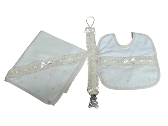 Conjunto- Fralda, Babete, Prende Chupeta