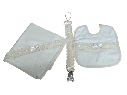 Conjunto- Fralda, Babete, Prende Chupeta
