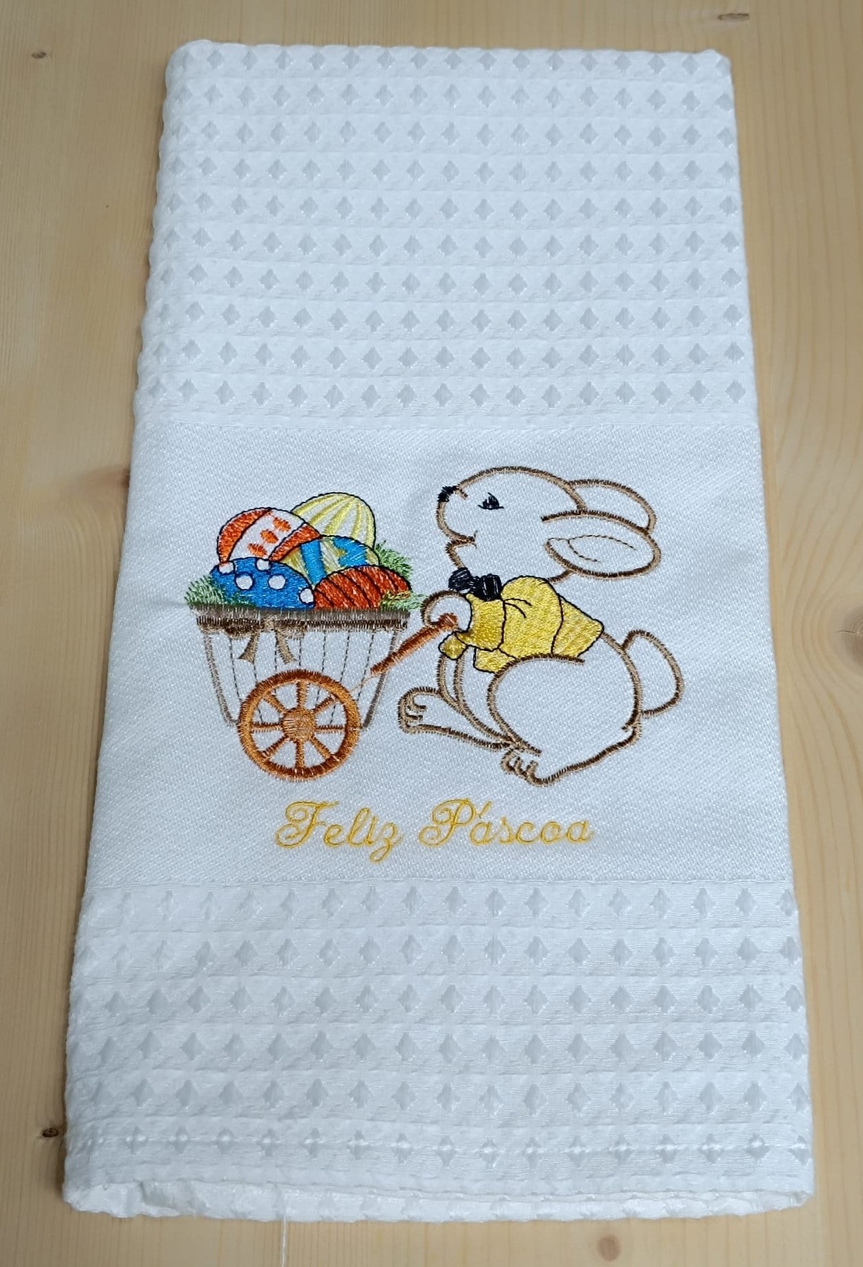 Panos de Cozinha Bordados Sarja Páscoa- Coelho com Carrinho