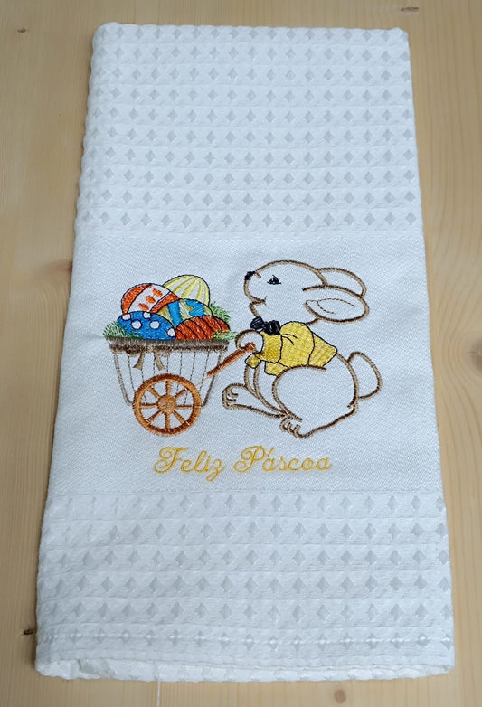 Panos de Cozinha Bordados Sarja Páscoa- Coelho com Carrinho