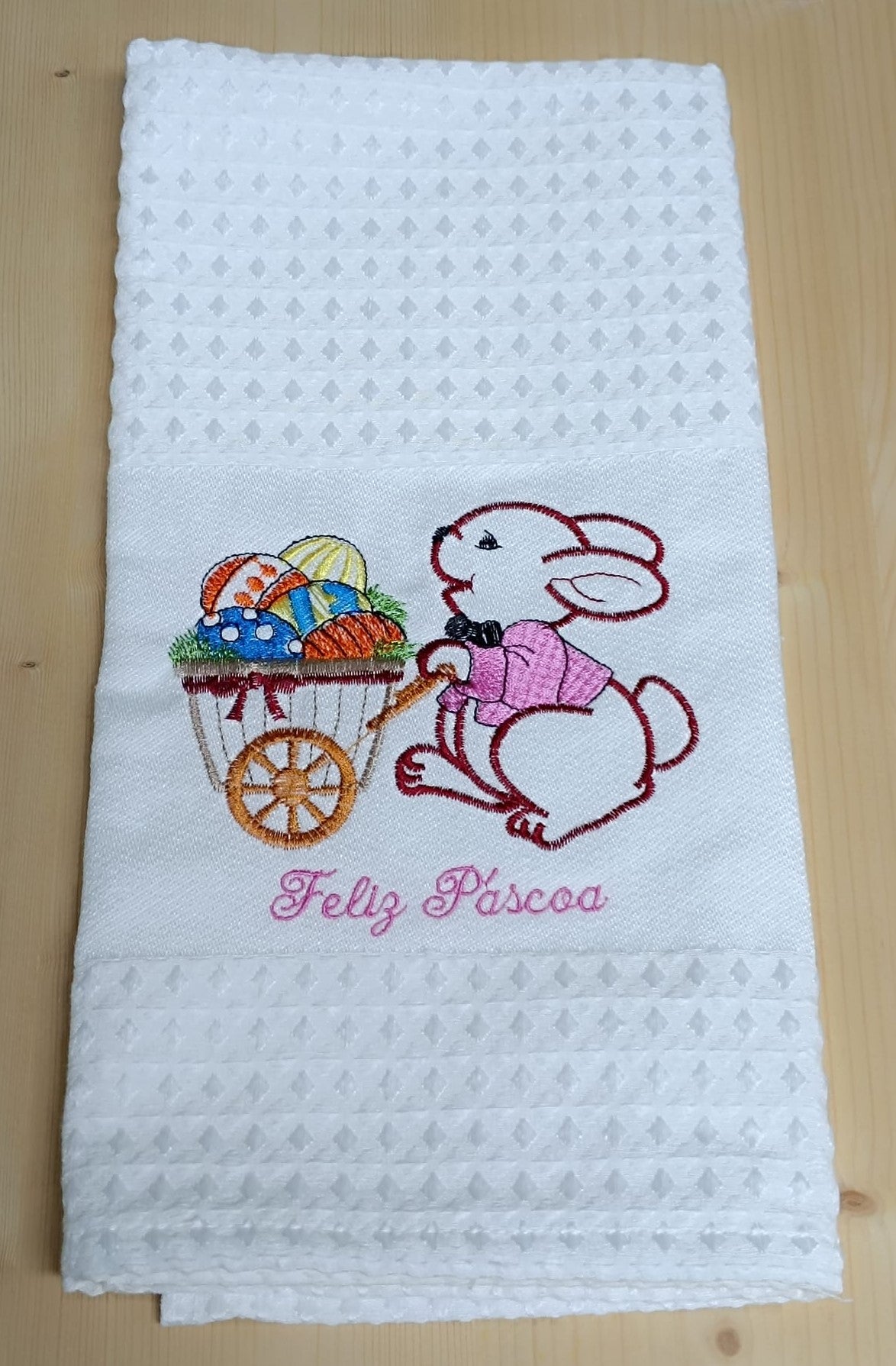 Panos de Cozinha Bordados Sarja Páscoa- Coelho com Carrinho