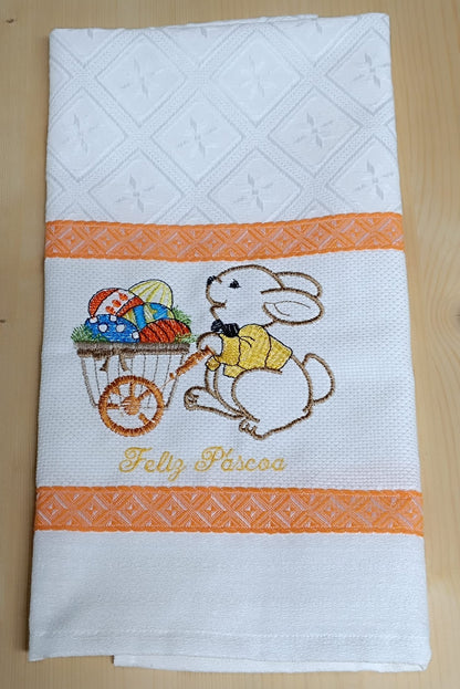 Panos de Cozinha Bordados Sarja Páscoa- Coelho com Carrinho com Ovos