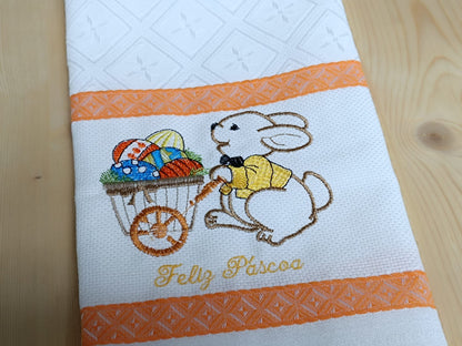 Panos de Cozinha Bordados Sarja Páscoa- Coelho com Carrinho com Ovos