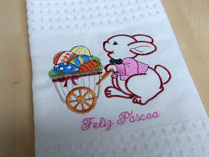 Panos de Cozinha Bordados Sarja Páscoa- Coelho com Carrinho