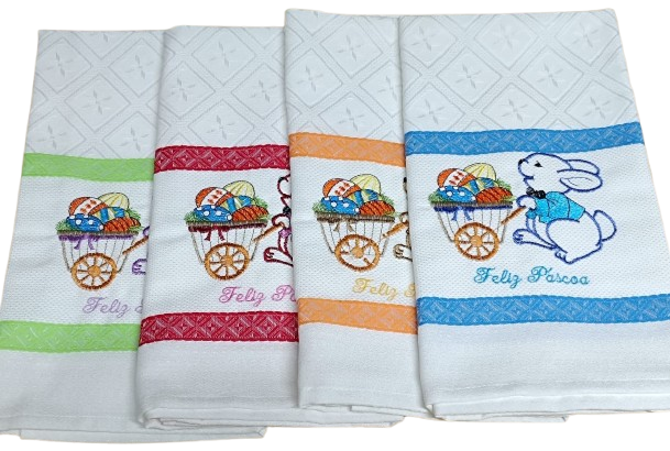 Panos de Cozinha Bordados Sarja Páscoa- Coelho com Carrinho com Ovos